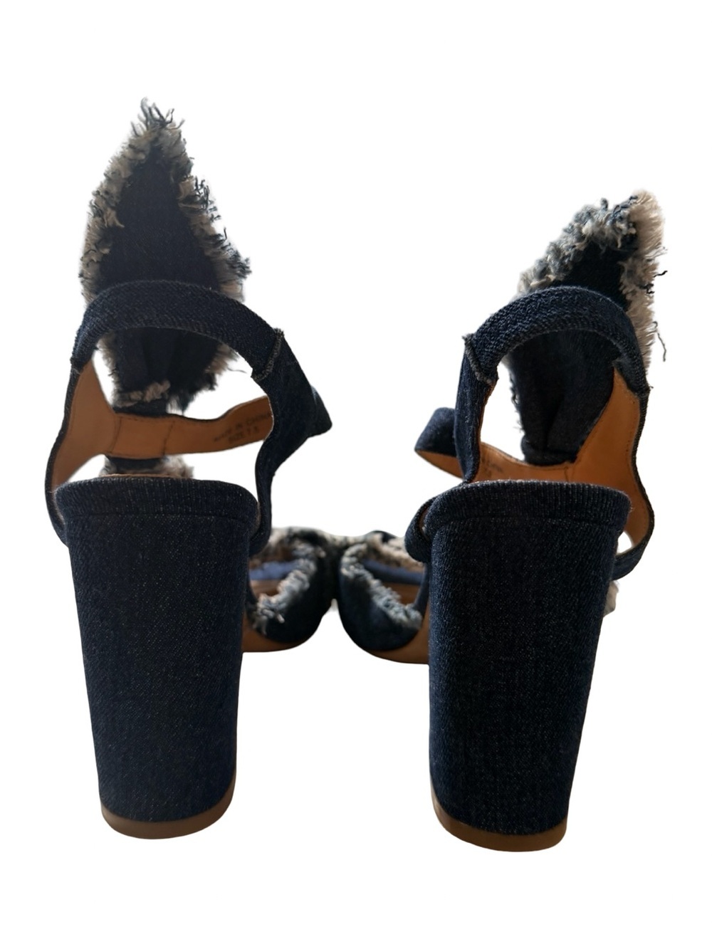 Bill Blass Denim Frayed Block Heel Sandals - Dark Blue - Picture 7 of 9